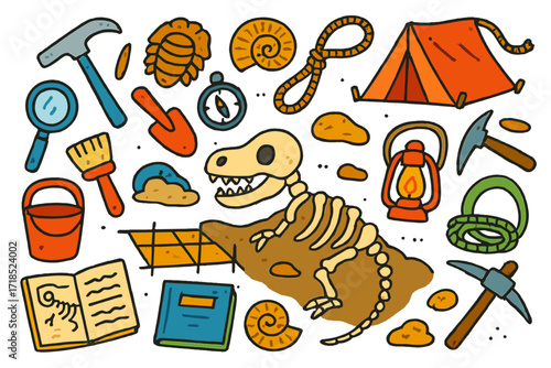 Fossil Excavation Doodle. Colorful Hand-drawn doodle Children illustration Fossil excavation site [dinosaur bone, trilobite fossil, ammonite shell, rock