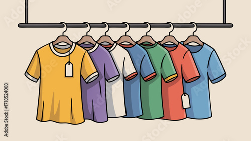 Colorful T-shirts hanging on a rail with tags in a stylized illustration