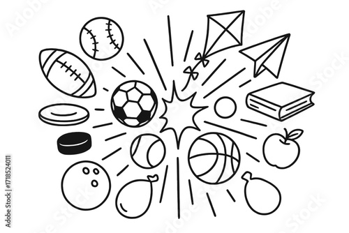 Colliding Sports Doodles. Hand-drawn doodle illustration objects colliding in mid-air Baseball, Football, Basketball, Soccer ball, Tennis ball, Volleyball,