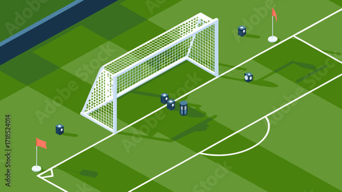 Isometric soccer field with goal and abstract cube figures football illustration