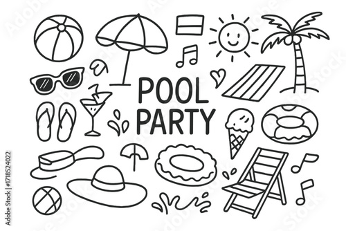 Summer Pool Party Essentials. Hand-drawn doodle illustration Pool party swimming pool, beach ball, sunglasses, flip flops, cocktail glass, umbrella, towel,