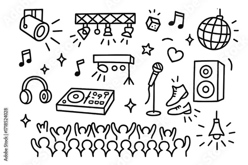 Concert Stage Doodle. Hand-drawn doodle illustration Concert stage lights and dance [spotlight, strobe light, stage, speaker, microphone, headphone, DJ