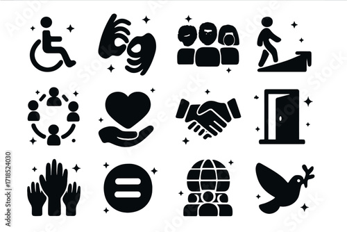 Inclusive Icon Set. Inclusion. Solid icons set of wheelchair symbol, sign language hand, diverse people, accessible ramp, inclusive circle, support heart,