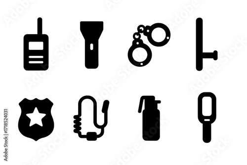 Bouncer Equipment Icons. Solid, filled icon set of bouncer equipment: walkie-talkie, flashlight, handcuffs, baton, security badge, earpiece, pepper spray,