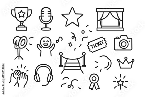 Music Award Show Icons. Hand-drawn doodle illustration music award show trophy, microphone, star icon, stage, camera, red carpet, spotlight, fan, confetti,