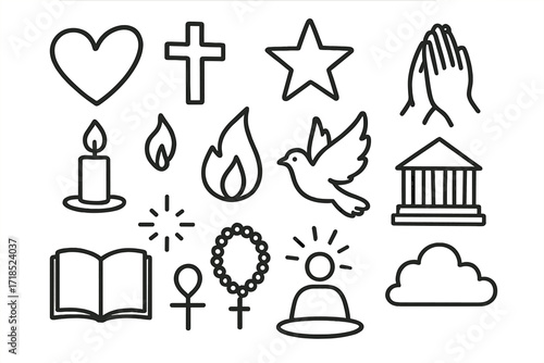 Symbols of Belief. Hand-drawn doodle illustration Expressions of belief heart, cross, star, praying hands, candle, flame, dove, temple, open book, beads, halo,