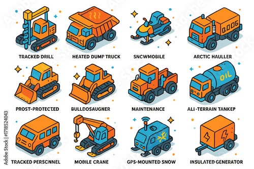 Arctic Mining Vehicles Icons. Colorful isometric vector icons set of Specialized arctic mining vehicles: tracked drill vehicle, heated dump truck, snowmobile