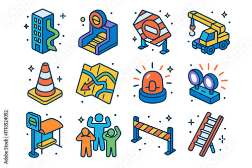 Urban Evacuation Icons. Colorful isometric vector icons set of urban emergency evacuation: skyscraper with escape route, subway exit, blocked road sign, rescue