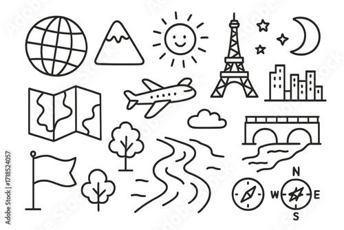 Northern Hemisphere Icons. Hand-drawn doodle illustration [Northern Hemisphere landmarks] [globe, map, mountain, tower, bridge, tree, river, flag, city