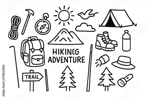 Hiking Adventure Doodles. Hand-drawn doodle illustration hiking adventure backpack, hiking boots, rope, compass, water bottle, walking stick, mountain, sun,