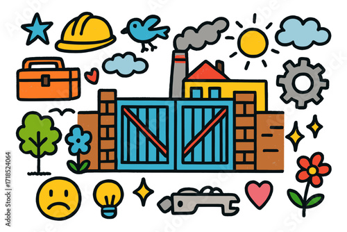 Industrial Yard Doodles. Colorful Hand-drawn doodle Children illustration Empty Industrial Yard closed gate, factory yard, toolbox, safety helmet, gear, smoke