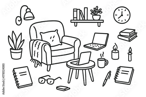 Cozy Home Workspace. Hand-drawn doodle illustration Relaxed Home Workspace [armchair, small table, laptop, mug, candle, blanket, pillow, plant, lamp, notebook,