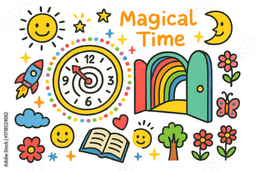 Magical Time Portal. Colorful Hand-drawn doodle Children illustration Magical Time Portal spiral clock, doorway, rainbow, rocket, sun, moon, stars, sparkles,