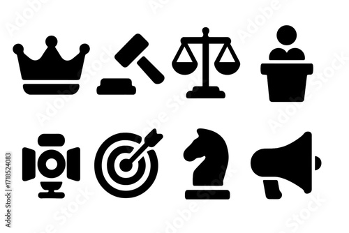 Lobbying Influence Icons. Solid, filled icon set of lobbying influence: crown, gavel, scales of justice, podium, spotlight, target, chess piece, megaphone.