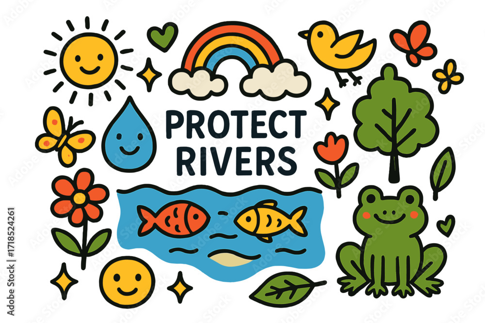 Fototapeta premium Protecting Rivers Illustration. Colorful Hand-drawn doodle Children illustration Protecting Rivers river, fish, water droplet, frog, rainbow, sun, cloud, tree,