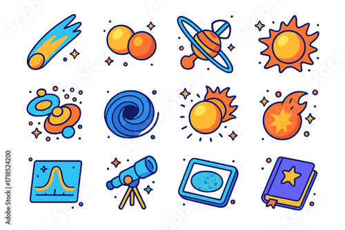 Astronomy Icon Set. Colorful isometric vector icons set of Astronomical discoveries: comet with tail, binary stars, pulsar diagram, exoplanet orbit map, galaxy