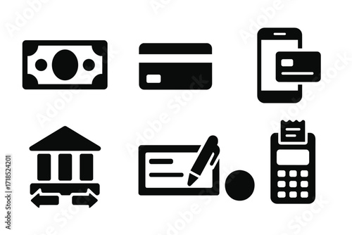 Payment Method Icons. Solid, filled icon set of market payment methods: cash, credit card, mobile payment, digital wallet, bank transfer, check, coin, payment