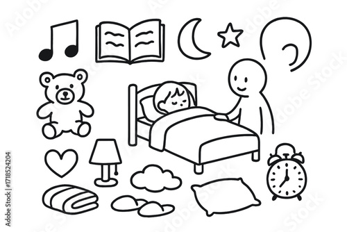 Goodnight Lullaby Doodles. Hand-drawn doodle illustration Goodnight lullaby music note, book, teddy bear, bed, child, parent figure, heart, moon, star, lamp,