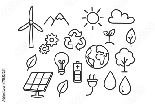 Sustainable Energy Doodle. Hand-drawn doodle illustration clean energy ecosystem sustainability wind turbine, solar panel, battery, light bulb, plug, recycling