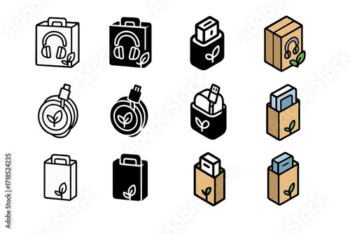 Eco Packaging Icons. Icon Set of Biodegradable Packaging Tech: Eco headphones box, Plant-based charger wrap, Paper device pouch. Icons set in vector style,