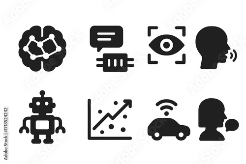 AI Technology Icons. Solid, filled icon set of AI technologies: deep learning, natural language processing, computer vision, speech recognition, robotics,