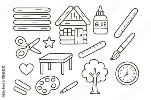 Popsicle Stick Model Crafts. Hand-drawn doodle illustration Popsicle stick models popsicle sticks, small house, roof, door, window, glue bottle, ruler,
