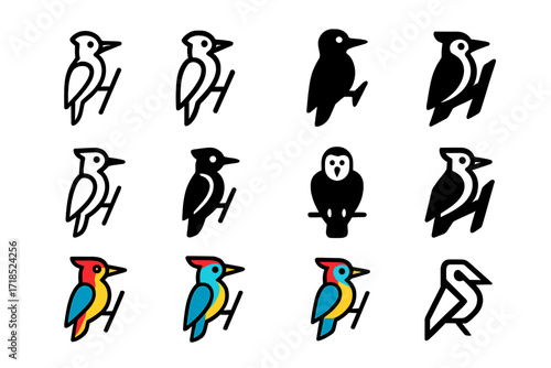 Woodpecker Logo Variations. Set Logo of Woodpecker: Woodpecker perched silhouette. Logo set in vector style, emblematic variations. line, bold thick line,