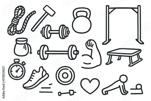 Fitness Equipment Icons. Hand-drawn doodle illustration strength training dumbbell, barbell, kettlebell, weight plate, flexed arm, bench, pull-up bar, squat