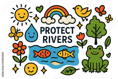 Protecting Rivers Illustration. Colorful Hand-drawn doodle Children illustration Protecting Rivers river, fish, water droplet, frog, rainbow, sun, cloud, tree,