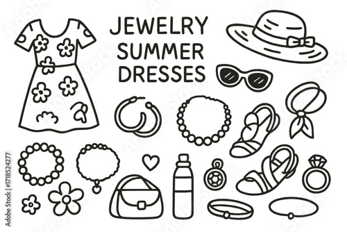 Jewelry and Summer Dresses. Hand-drawn doodle illustration Jewelry with summer dresses [floral dress, straw hat, sunglasses, sandals, beaded bracelet, hoop