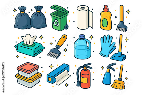 BBQ Cleanup Essentials Icons. Colorful isometric vector icons set of post-BBQ cleanup supplies: trash bags, recycling bin, paper towel roll, dish soap bottle,