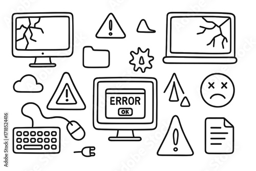 Crashed Computer Doodle. Hand-drawn doodle illustration Crashed computer screens cracked monitor, broken laptop, shattered screen, error message, sad face