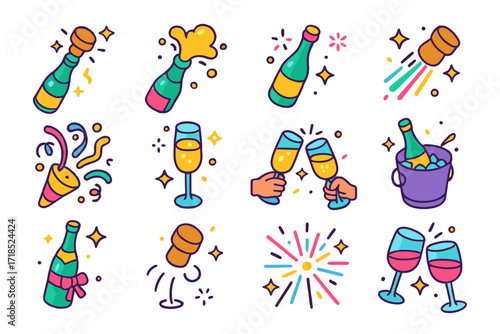 Celebratory Wine Icons. Colorful isometric vector icons set of celebratory wine moments: popping cork, fizz splash, party bottle, cork flying out, celebration