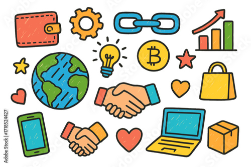 Decentralized Economy Icons. Decentralized economy. Colorful Hand-drawn doodle Children illustration globe, blockchain chain, coin, chart, wallet, gear, light