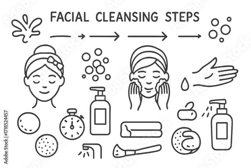 Facial Cleansing Doodle. Hand-drawn doodle illustration [Facial cleansing steps] step arrows, face icon, splash of water, soap bubbles, cleanser bottle, towel,