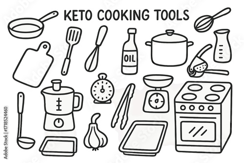 Keto Kitchen Tools Doodle. Hand-drawn doodle illustration [keto cooking tools] [frying pan, spatula, whisk, measuring cup, cutting board, pot, oil bottle,