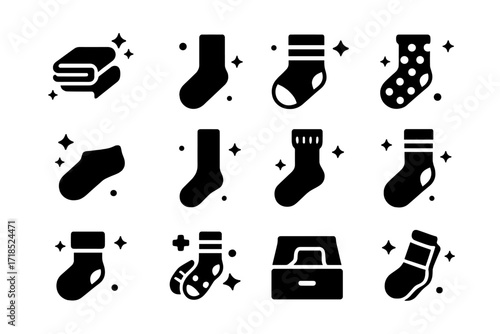 Sock Icons Collection. Socks Pile. Solid icons set of socks pile: folded socks, single sock, striped sock, polka dot sock, ankle sock, long sock, wool sock,