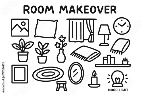 Room Decor Icons. Hand-drawn doodle illustration Room makeover decorations wall art, throw pillow, curtain, potted plant, lamp, rug, clock, blanket, photo