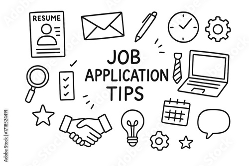 Job Application Essentials. Hand-drawn doodle illustration Customs stamps passport, officer hat, globe, airplane, stamp, barcode, envelope, arrow sign,