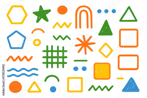 Playful Doodle Pattern. Colorful Hand-drawn doodle Children illustration Pattern discovery rug hexagons, pentagons, circles, squares, waves, dots, lines, arcs,