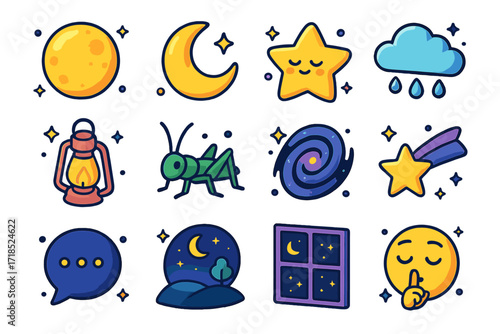 Nighttime Icon Set. Colorful isometric vector icons set of nighttime calm: full moon, crescent moon, sleepy star, cloud with raindrops, glowing lantern,