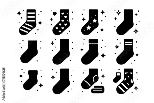 Black Sock Icons. Sock Designs. Solid icons set of sock designs: striped sock, polka dot sock, heart pattern sock, star pattern sock, ankle sock, long sock,
