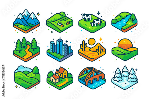 Scenic Train Views. Colorful isometric vector icons set of Scenic Views from the Train Window: mountain range, green fields, grazing cows, passing river,