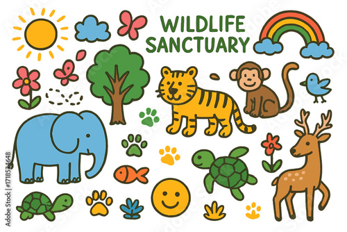 Colorful Wildlife Sanctuary Doodles. Colorful Hand-drawn doodle Children illustration Wildlife Sanctuary Animals [elephant, tiger, monkey, deer,