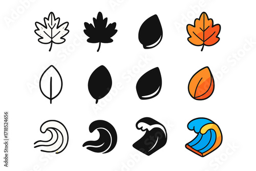 Nature Icons Collection. Icon Set of Nature Color Palette: Autumn leaves, Flower petal, Ocean wave. Icons set in vector style, emblematic variations. Autumn