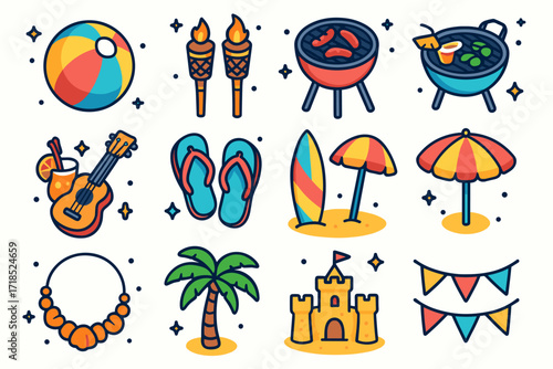 Summer Party Icons. Colorful isometric vector icons set of beachside summer parties: beach ball, tiki torches, barbecue grill, tropical cocktails, ukulele,