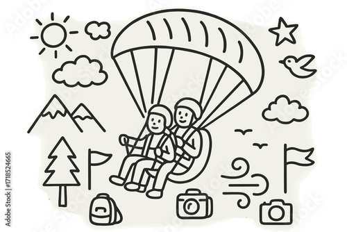 Tandem Paragliding Adventure. Hand-drawn doodle illustration tandem paragliding two people, paraglider, parachute, harness, helmet, mountain, cloud, sun, star,