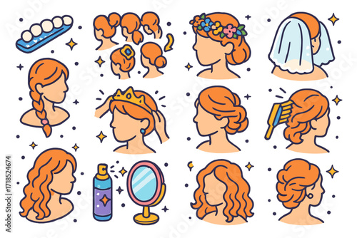 Wedding Hairstyle Icons. Colorful isometric vector icons set of wedding hair tutorial: pearl clip, low bun steps, flower crown, lace veil, romantic braid,