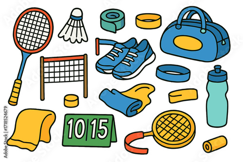 Colorful Badminton Doodles. Badminton Equipment. Colorful Hand-drawn doodle Children illustration racket, shuttlecock, grip tape, sports bag, net, shoes,
