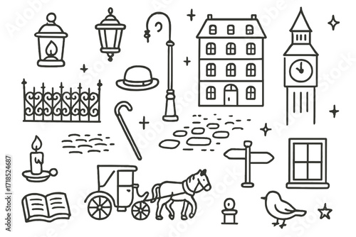 Victorian Street Doodles. Hand-drawn doodle illustration Old-fashioned lanterns [gas lamp, wrought iron lamp post, Victorian building, clock tower, ornate